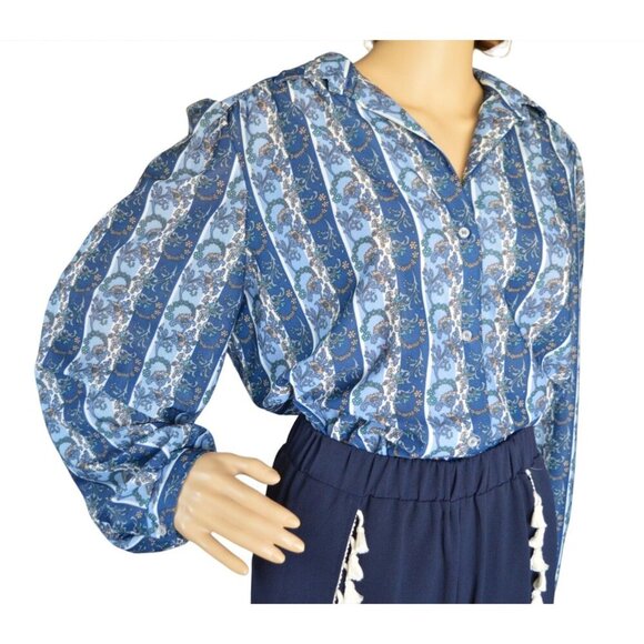 Vintage 80s The Pioneer Woman Blue Striped Floral Button Down Blouse Size L 40 - Picture 2 of 8